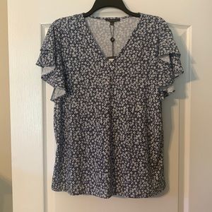 NWT- Adrianna Papell- Dusty blue and white cute ruffled sleeve top